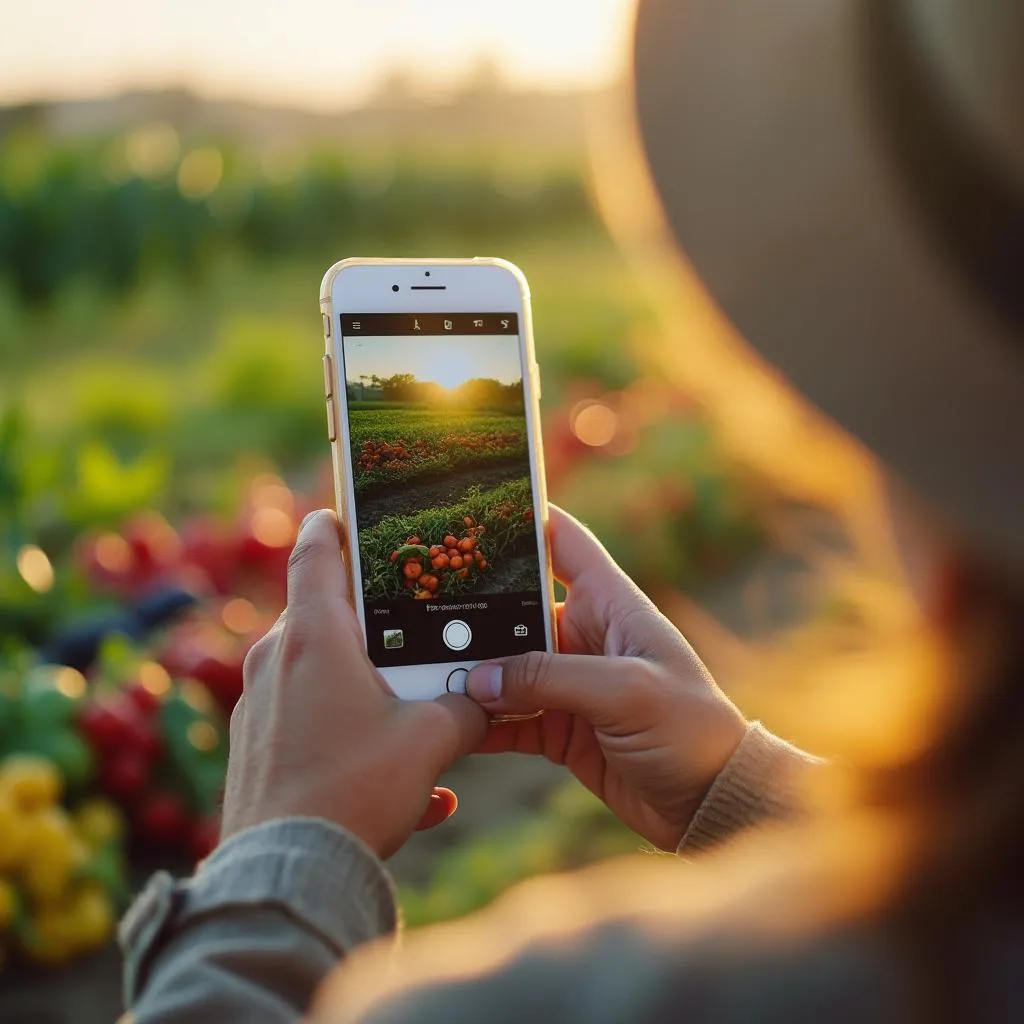 Farmář fotografující produkty pro Instagram
